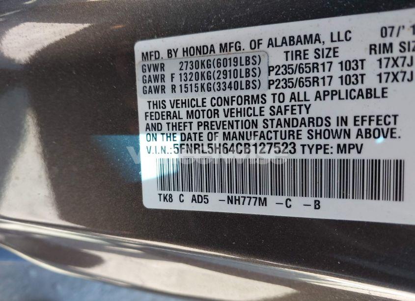 Photo 9 of 2012 Honda Odyssey EX-L (VIN 5FNRL5H64CB127523)