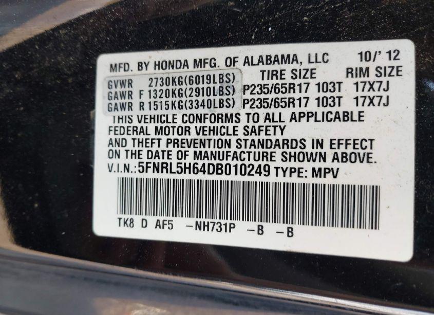 Photo 9 of 2013 Honda Odyssey EX-L (VIN 5FNRL5H64DB010249)