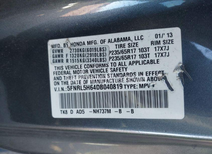 Photo 9 of 2013 Honda Odyssey EX-L (VIN 5FNRL5H64DB040819)