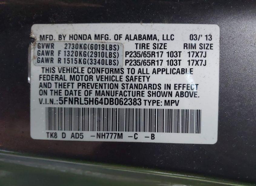 Photo 9 of 2013 Honda Odyssey EX-L (VIN 5FNRL5H64DB062383)