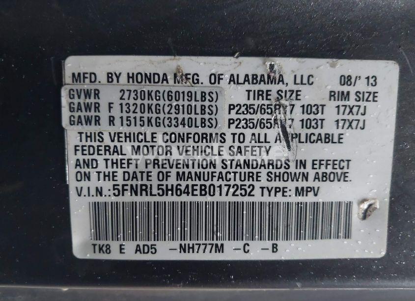 Photo 9 of 2014 Honda Odyssey EX-L (VIN 5FNRL5H64EB017252)