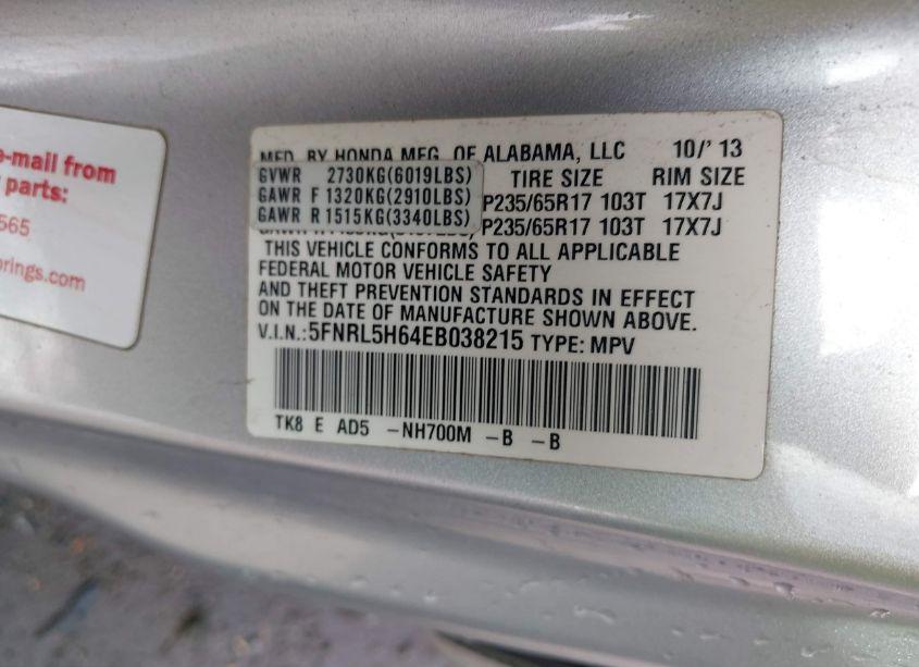 Photo 9 of 2014 Honda Odyssey EX-L (VIN 5FNRL5H64EB038215)