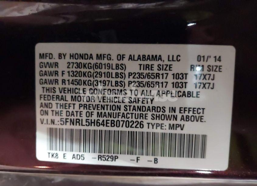 Photo 9 of 2014 Honda Odyssey EX-L (VIN 5FNRL5H64EB070226)