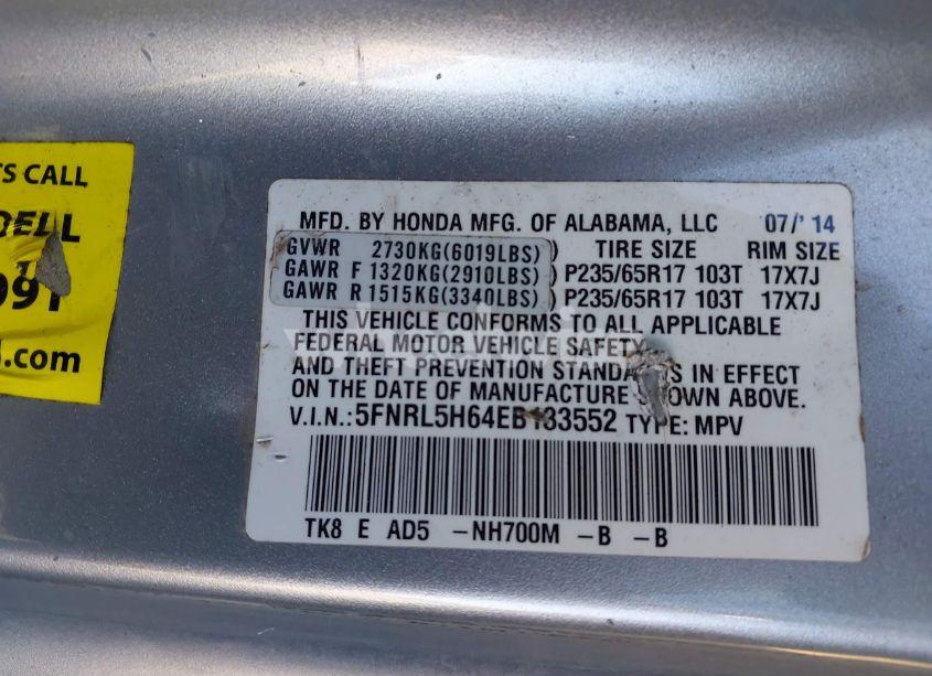 Photo 9 of 2014 Honda Odyssey EX-L (VIN 5FNRL5H64EB133552)
