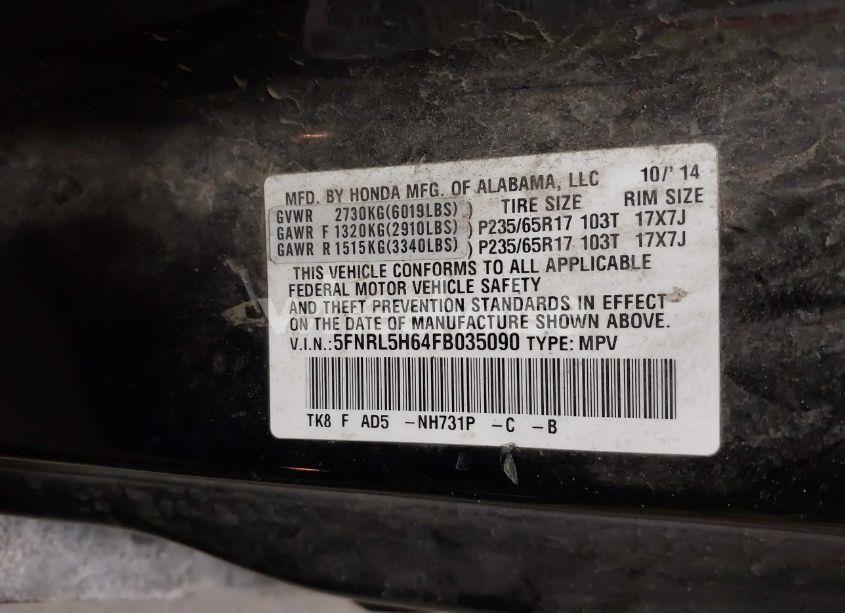 Photo 9 of 2015 Honda Odyssey EX-L (VIN 5FNRL5H64FB035090)