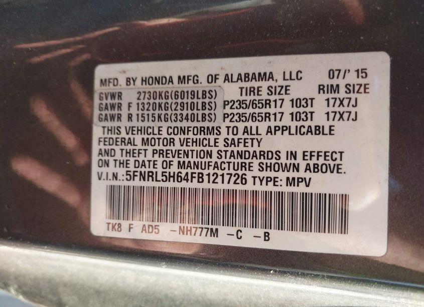 Photo 9 of 2015 Honda Odyssey EX-L (VIN 5FNRL5H64FB121726)