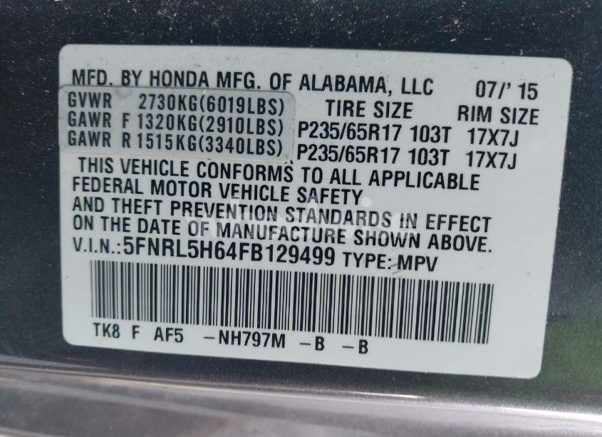 Photo 9 of 2015 Honda Odyssey EX-L (VIN 5FNRL5H64FB129499)