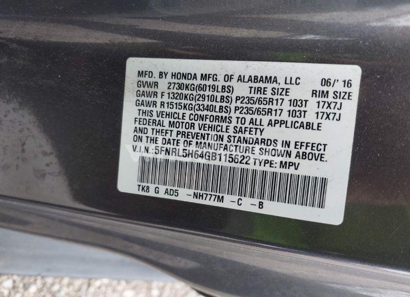 Photo 9 of 2016 Honda Odyssey EX-L (VIN 5FNRL5H64GB115622)