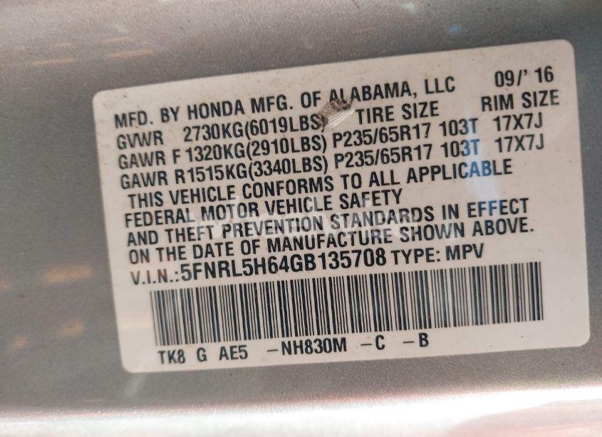 Photo 9 of 2016 Honda Odyssey EX-L (VIN 5FNRL5H64GB135708)