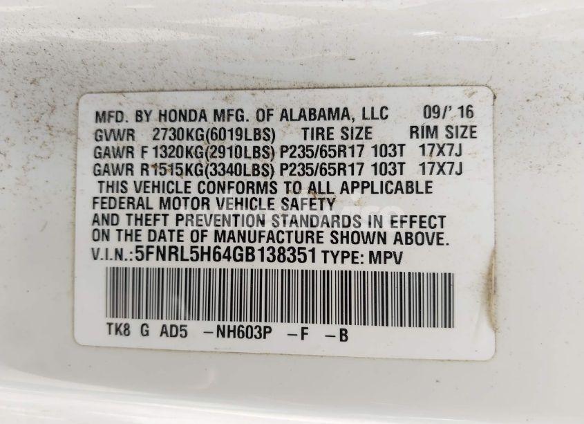 Photo 9 of 2016 Honda Odyssey EX-L (VIN 5FNRL5H64GB138351)