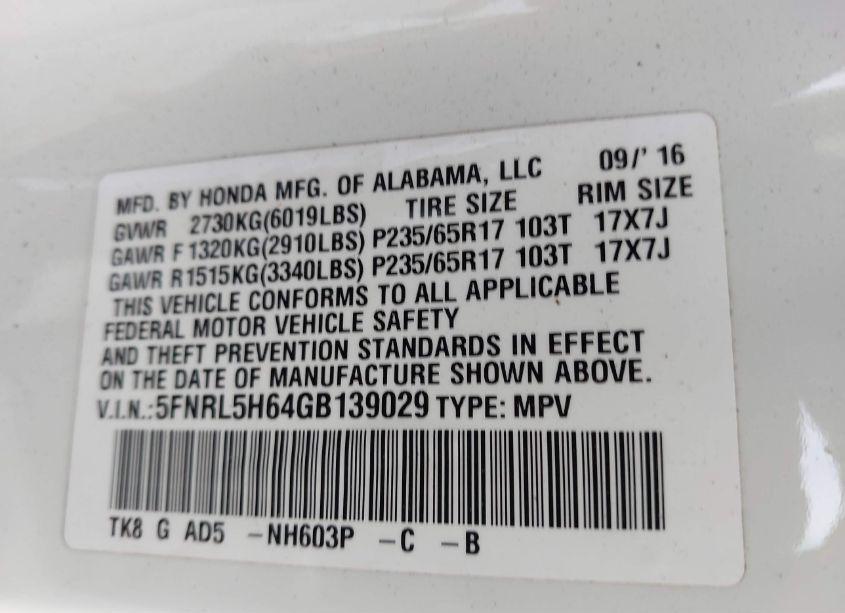 Photo 9 of 2016 Honda Odyssey EX-L (VIN 5FNRL5H64GB139029)