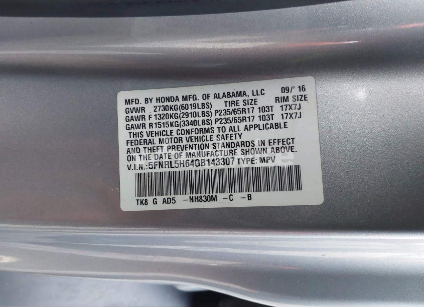 Photo 9 of 2016 Honda Odyssey EX-L (VIN 5FNRL5H64GB143307)