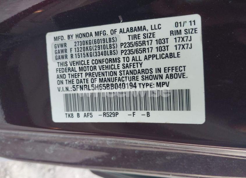 Photo 9 of 2011 Honda Odyssey EX-L (VIN 5FNRL5H65BB040194)