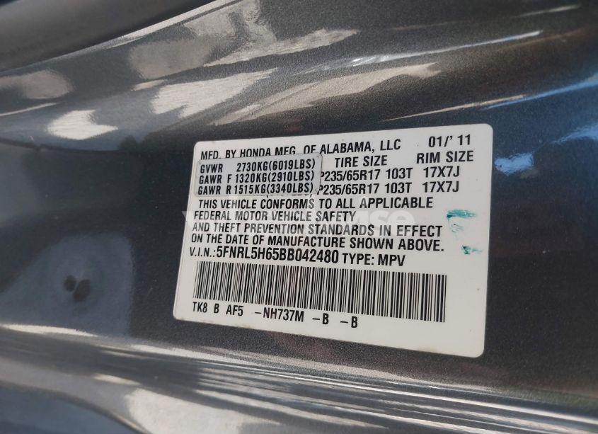 Photo 9 of 2011 Honda Odyssey EX-L (VIN 5FNRL5H65BB042480)