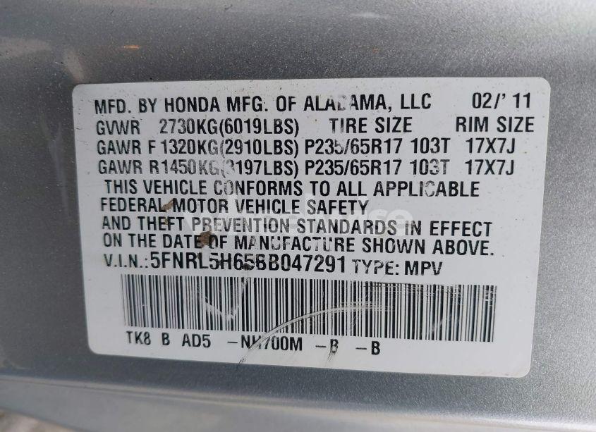 Photo 9 of 2011 Honda Odyssey EX-L (VIN 5FNRL5H65BB047291)