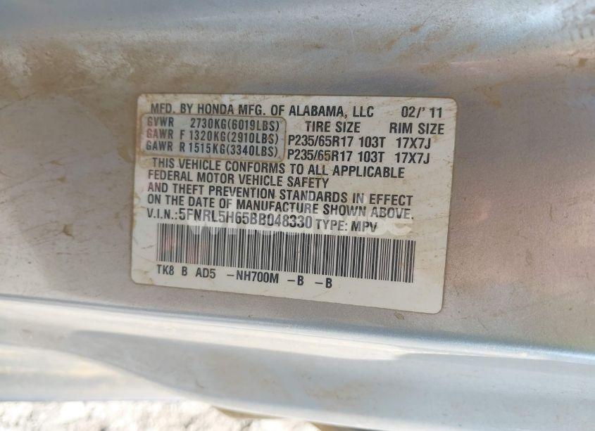 Photo 9 of 2011 Honda Odyssey EX-L (VIN 5FNRL5H65BB048330)