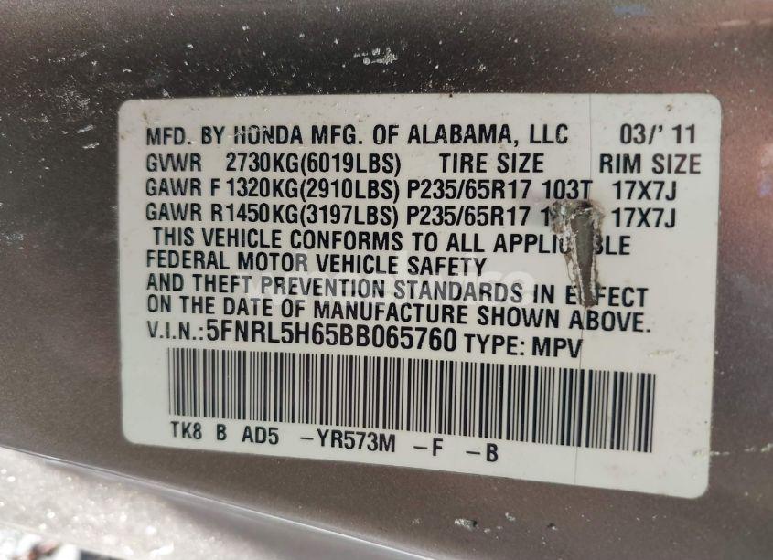 Photo 9 of 2011 Honda Odyssey EX-L (VIN 5FNRL5H65BB065760)