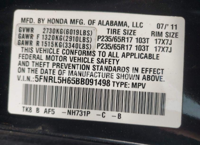 Photo 9 of 2011 Honda Odyssey EX-L (VIN 5FNRL5H65BB091498)