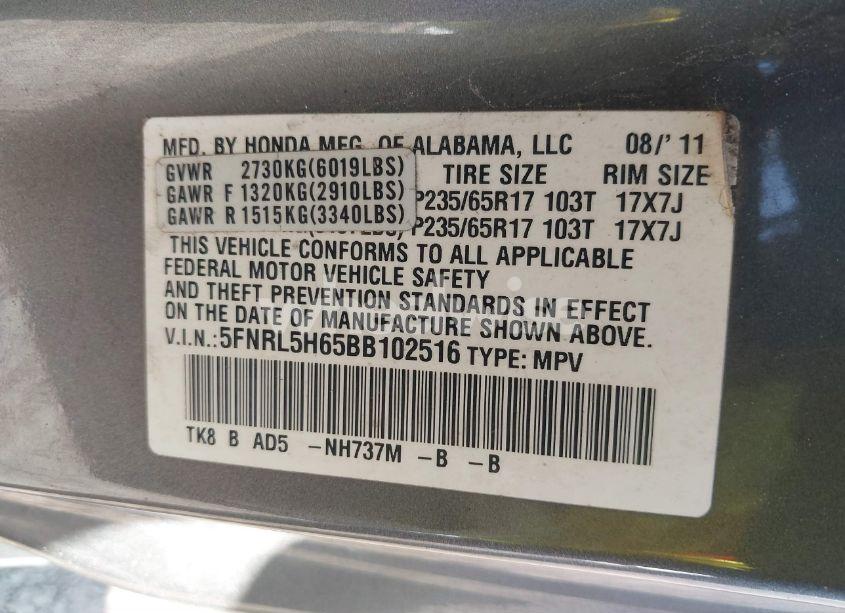 Photo 9 of 2011 Honda Odyssey EX-L (VIN 5FNRL5H65BB102516)