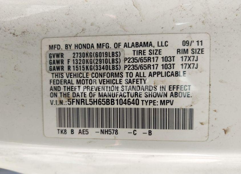 Photo 9 of 2011 Honda Odyssey EX-L (VIN 5FNRL5H65BB104640)