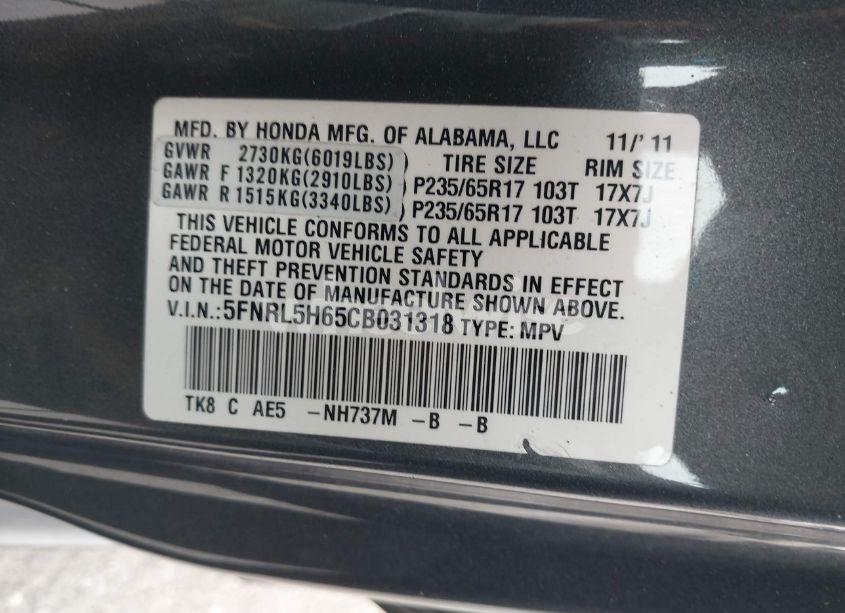 Photo 9 of 2012 Honda Odyssey EX-L (VIN 5FNRL5H65CB031318)
