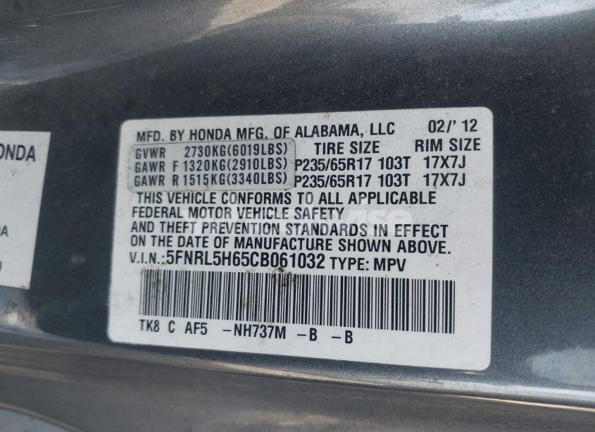 Photo 9 of 2012 Honda Odyssey EX-L (VIN 5FNRL5H65CB061032)