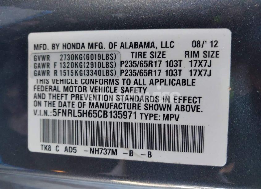 Photo 9 of 2012 Honda Odyssey EX-L (VIN 5FNRL5H65CB135971)