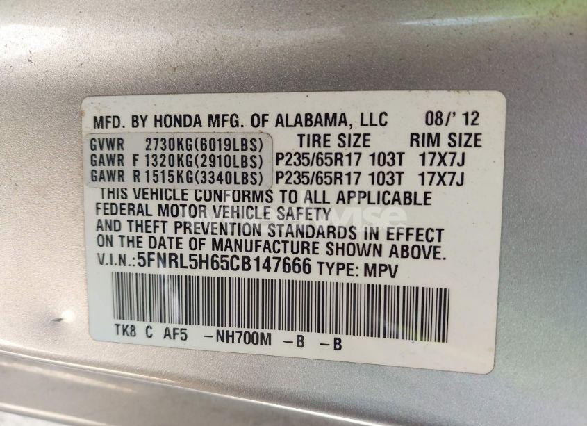 Photo 9 of 2012 Honda Odyssey EX-L (VIN 5FNRL5H65CB147666)