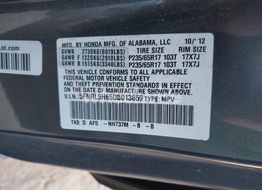 Photo 9 of 2013 Honda Odyssey EX-L (VIN 5FNRL5H65DB013659)