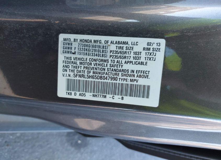 Photo 9 of 2013 Honda Odyssey EX-L (VIN 5FNRL5H65DB047990)