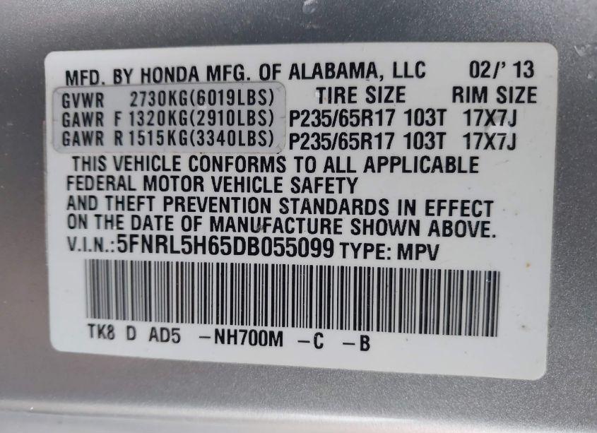 Photo 9 of 2013 Honda Odyssey EX-L (VIN 5FNRL5H65DB055099)