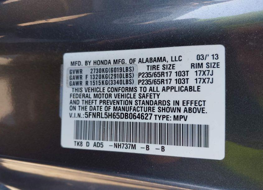 Photo 9 of 2013 Honda Odyssey EX-L (VIN 5FNRL5H65DB064627)