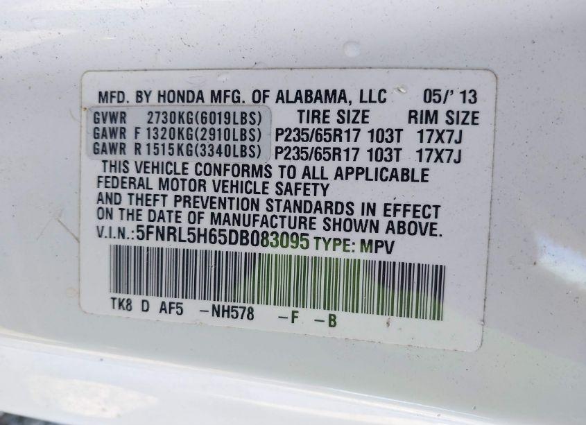 Photo 9 of 2013 Honda Odyssey EX-L (VIN 5FNRL5H65DB083095)