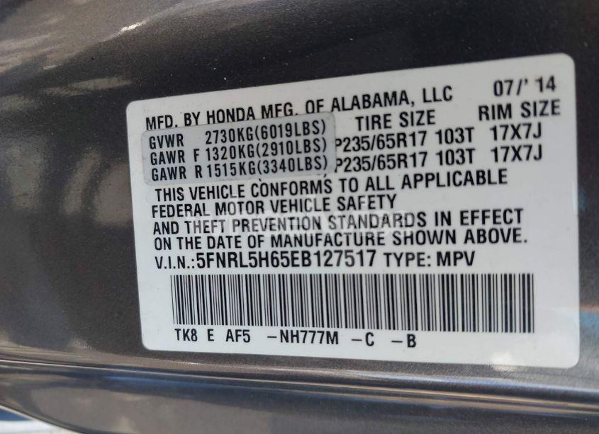 Photo 9 of 2014 Honda Odyssey EX-L (VIN 5FNRL5H65EB127517)