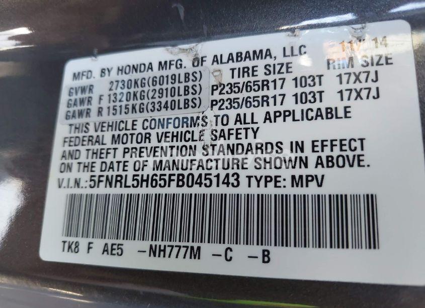 Photo 9 of 2015 Honda Odyssey EX-L (VIN 5FNRL5H65FB045143)