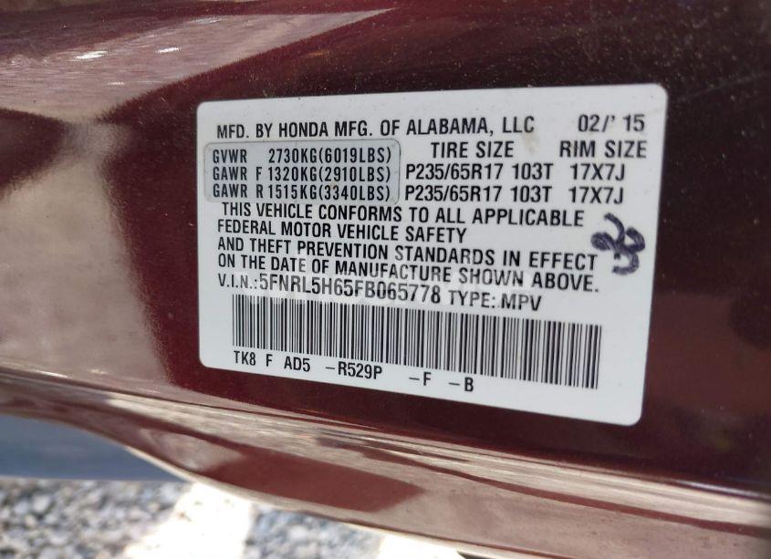 Photo 9 of 2015 Honda Odyssey EX-L (VIN 5FNRL5H65FB065778)