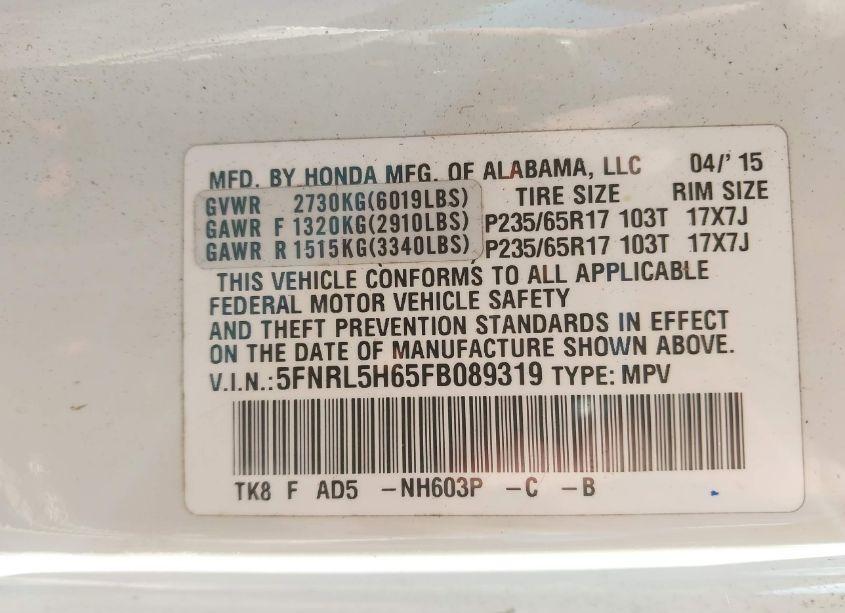 Photo 9 of 2015 Honda Odyssey EX-L (VIN 5FNRL5H65FB089319)