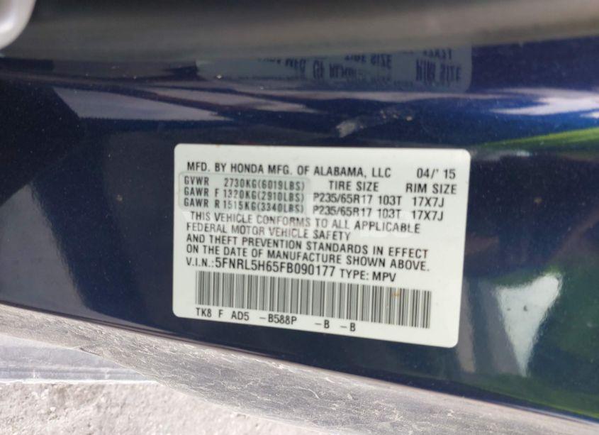 Photo 9 of 2015 Honda Odyssey EX-L (VIN 5FNRL5H65FB090177)