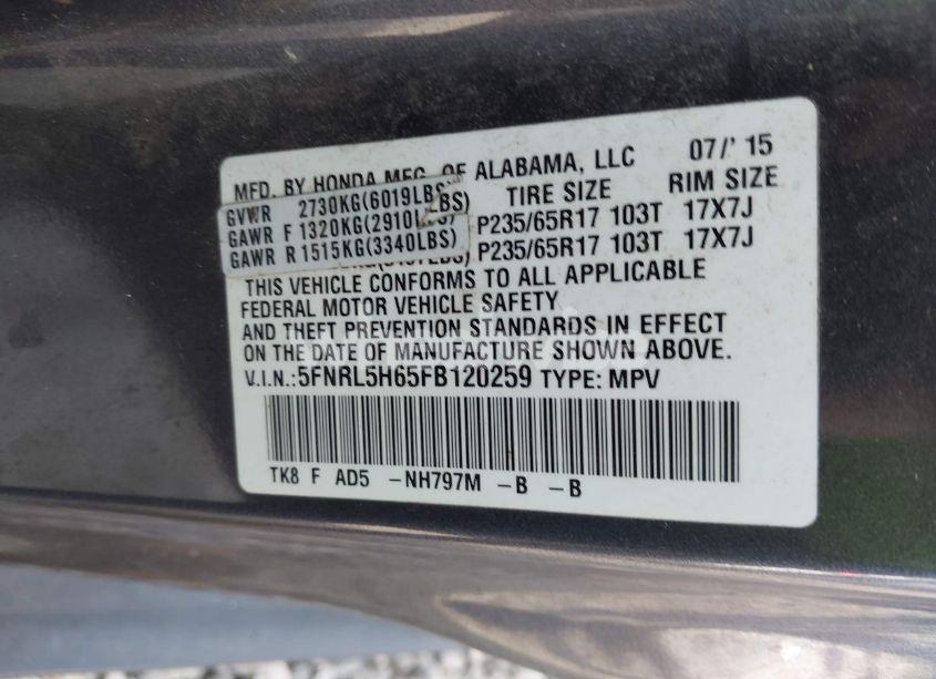 Photo 9 of 2015 Honda Odyssey EX-L (VIN 5FNRL5H65FB120259)