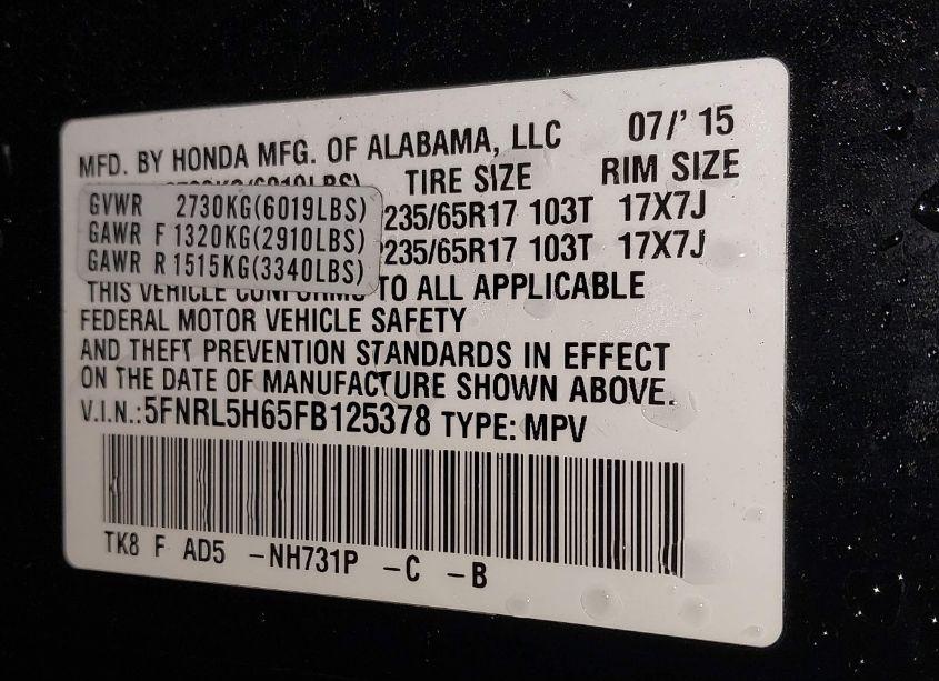 Photo 9 of 2015 Honda Odyssey EX-L (VIN 5FNRL5H65FB125378)