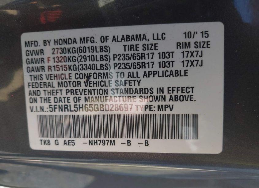 Photo 9 of 2016 Honda Odyssey EX-L (VIN 5FNRL5H65GB028697)