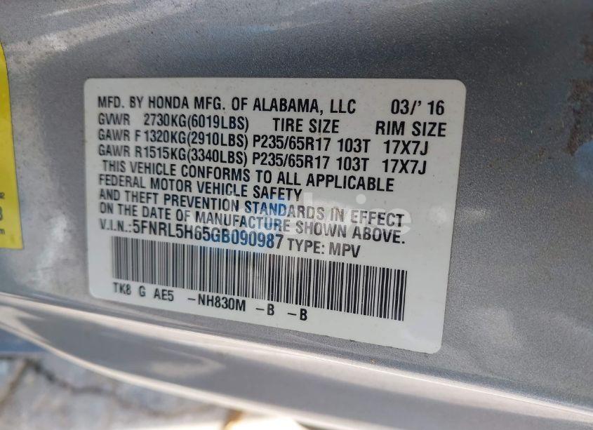 Photo 9 of 2016 Honda Odyssey EX-L (VIN 5FNRL5H65GB090987)