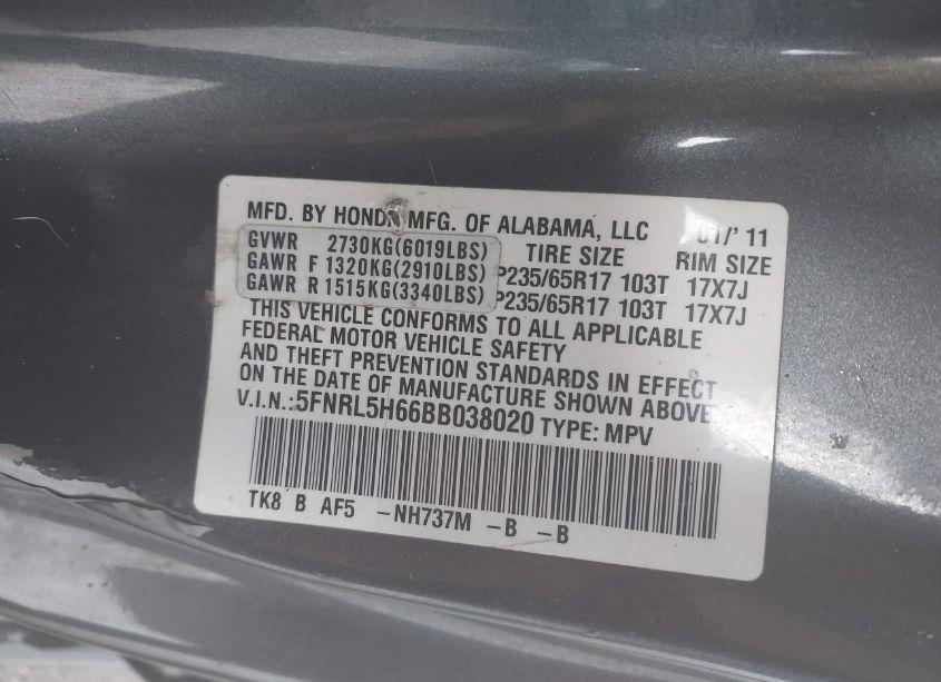 Photo 9 of 2011 Honda Odyssey EX-L (VIN 5FNRL5H66BB038020)