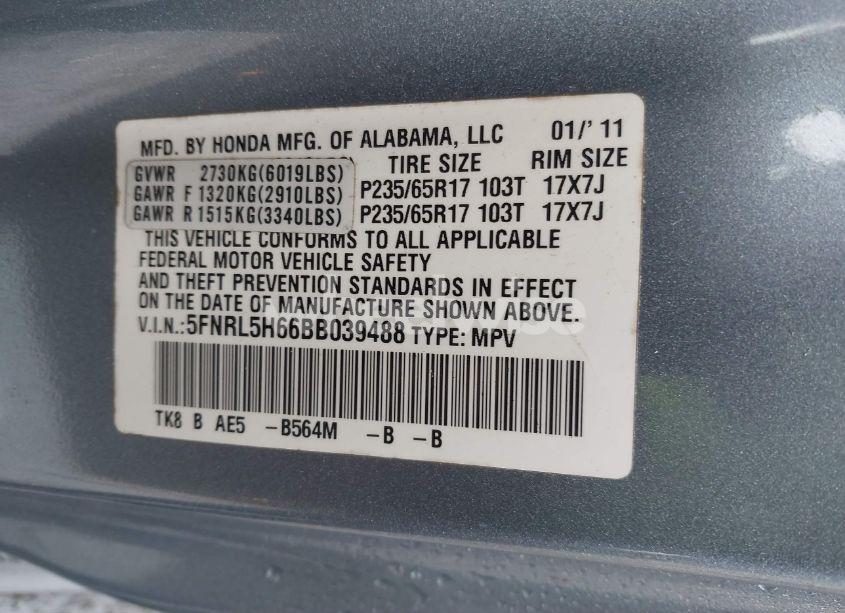 Photo 9 of 2011 Honda Odyssey EX-L (VIN 5FNRL5H66BB039488)