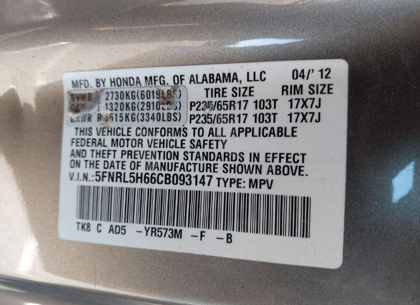 Photo 9 of 2012 Honda Odyssey EX-L (VIN 5FNRL5H66CB093147)