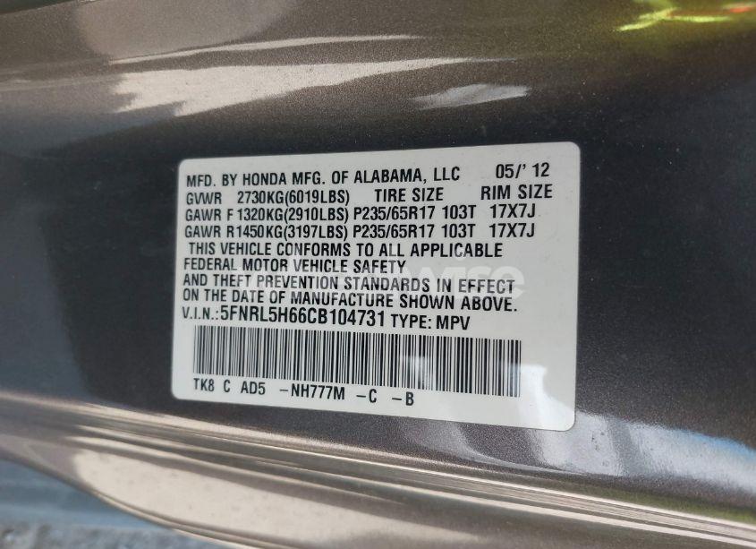 Photo 9 of 2012 Honda Odyssey EX-L (VIN 5FNRL5H66CB104731)