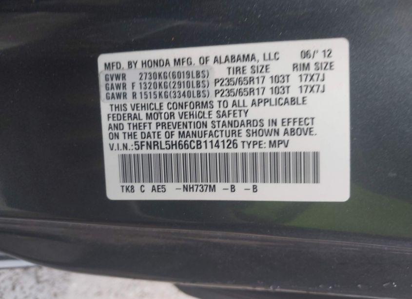 Photo 9 of 2012 Honda Odyssey EX-L (VIN 5FNRL5H66CB114126)