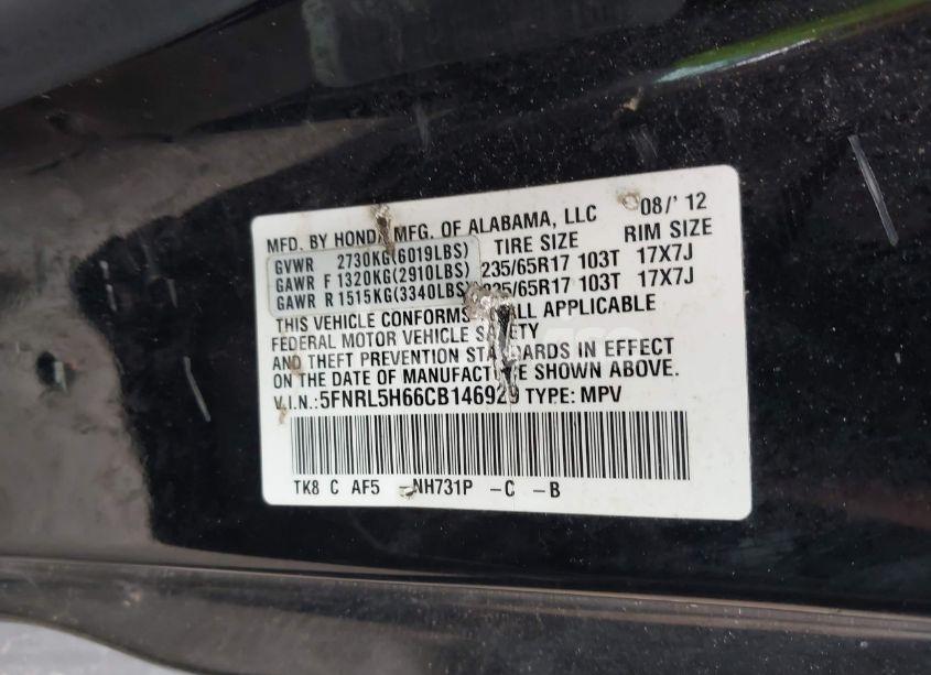 Photo 9 of 2012 Honda Odyssey EX-L (VIN 5FNRL5H66CB146929)