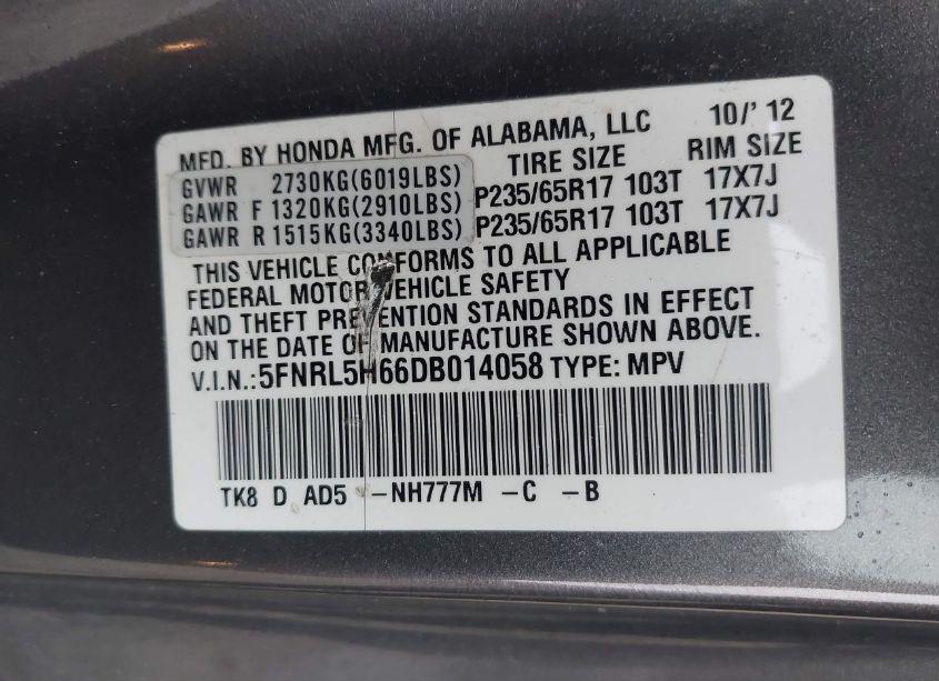 Photo 9 of 2013 Honda Odyssey EX-L (VIN 5FNRL5H66DB014058)