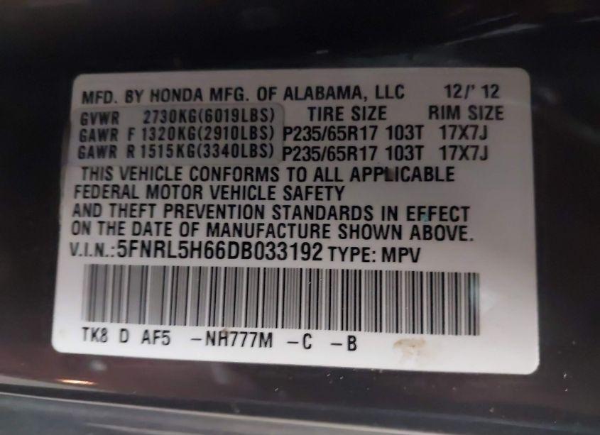 Photo 9 of 2013 Honda Odyssey EX-L (VIN 5FNRL5H66DB033192)